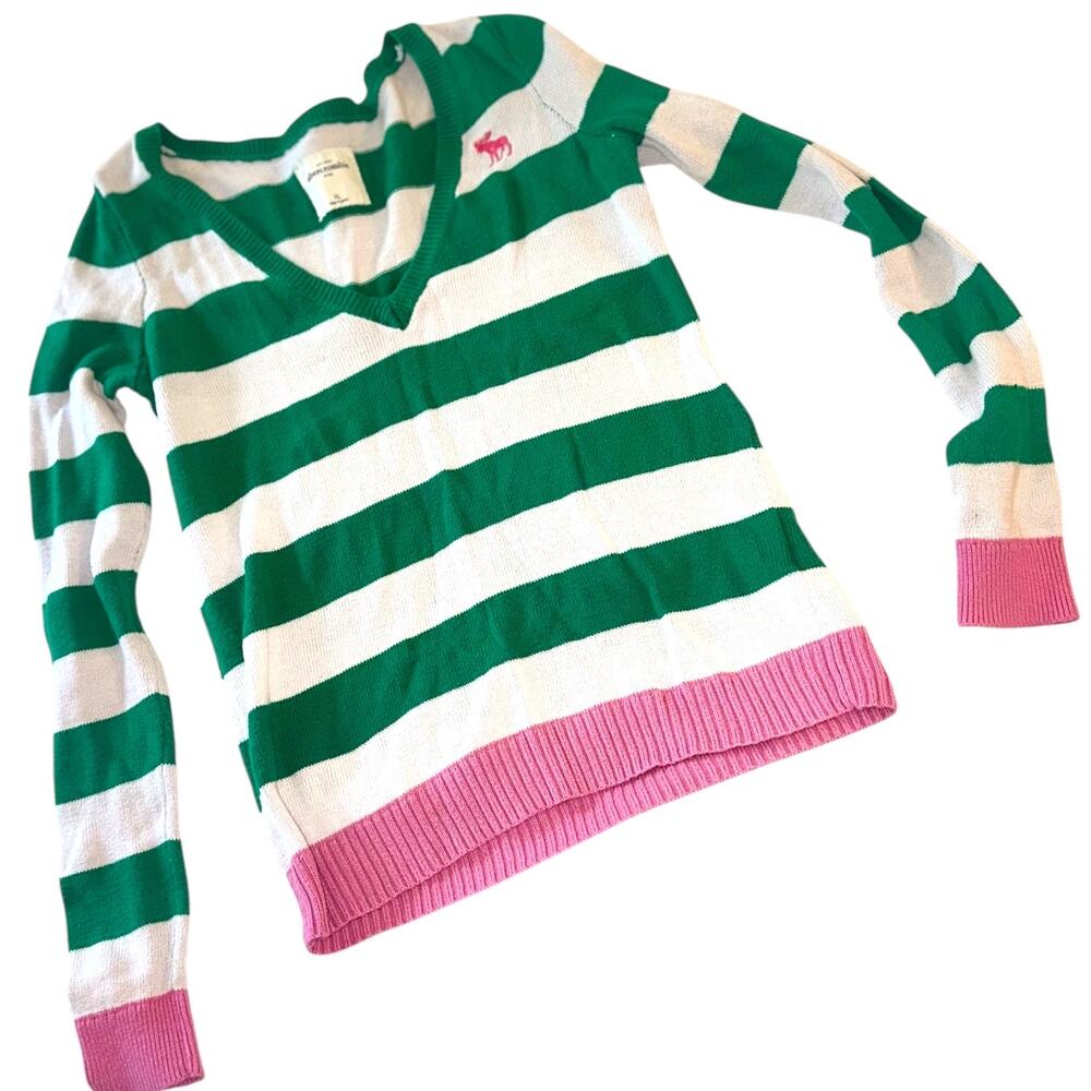 Abercrombie Kids XL Green White Striped V-Neck Sweater Pink Logo Preppy